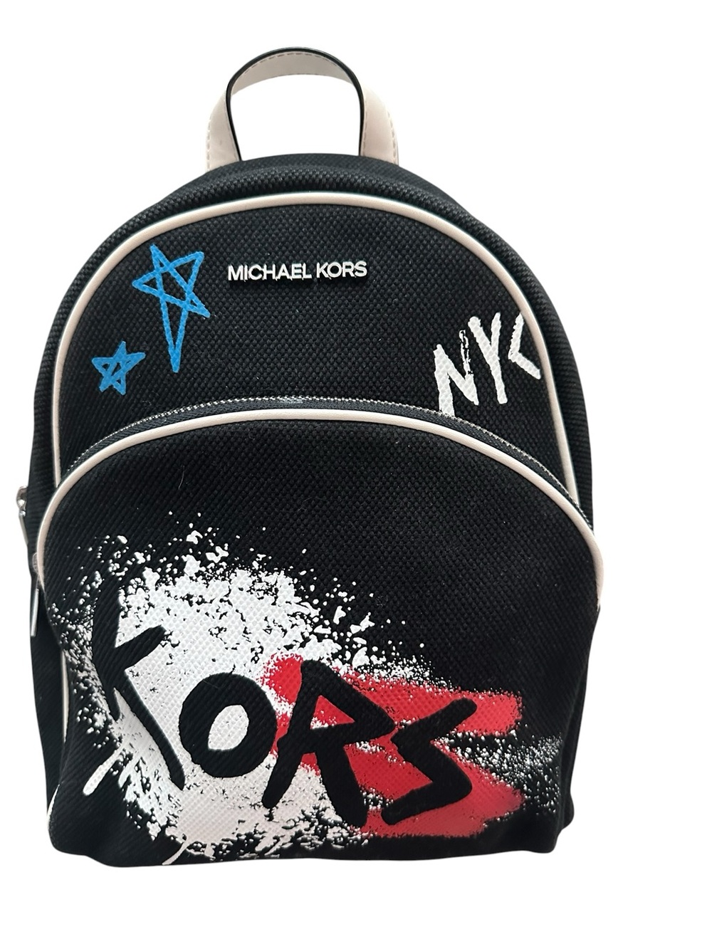 Michael Kors Abbey Small Graffiti Backpack Black White Canvas Logo Bookbag Bag - Picture 3 of 11